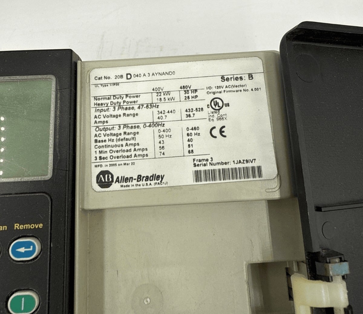 30 HP Allen-Bradley #20BD040A3AYNAND0, PowerFlex 700 AC Drive, 22 KW, 480 Volts, 3PH, 47-63 Hz. - Image 5