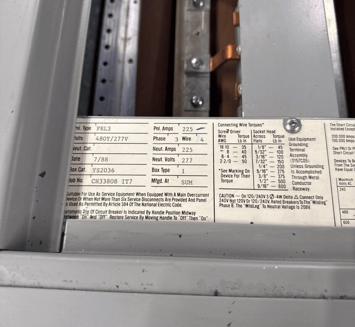 225 Amp. Westinghouse PRL3, Panelboard, 480/277 Volts, 3PH, 4W, MLO, 18 Cir, Indoor - Image 4