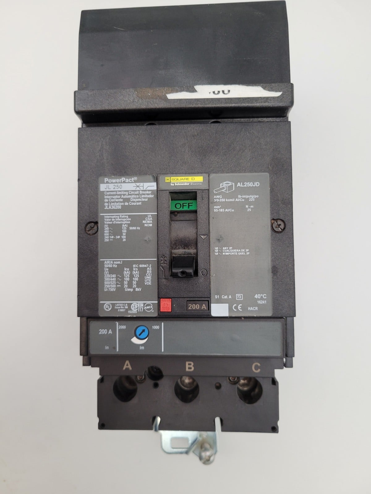200 Amp. Square D #JLA36200, PowerPact I-Line Circuit Breaker, 3P, 600 Volts, JL250, w/ mounting hardware - Image 2