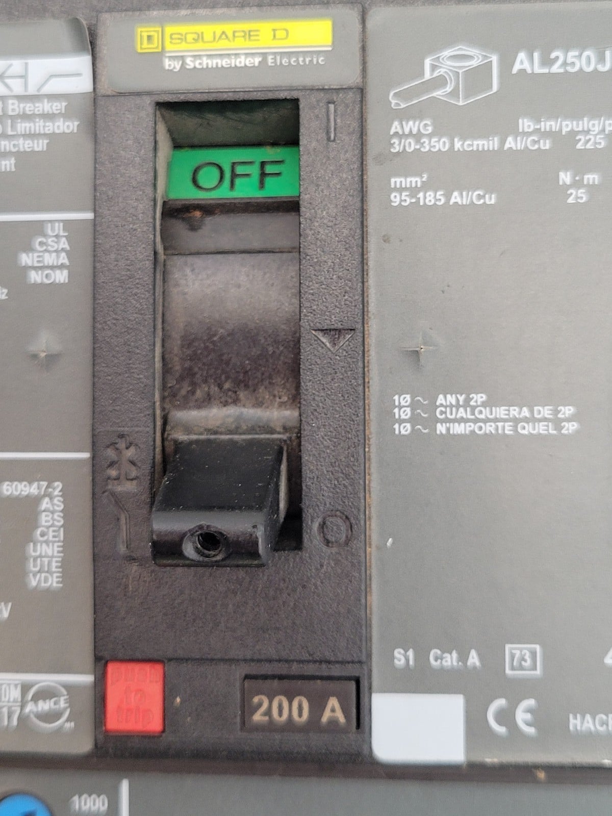 200 Amp. Square D #JLA36200, PowerPact I-Line Circuit Breaker, 3P, 600 Volts, JL250, w/ mounting hardware - Image 4