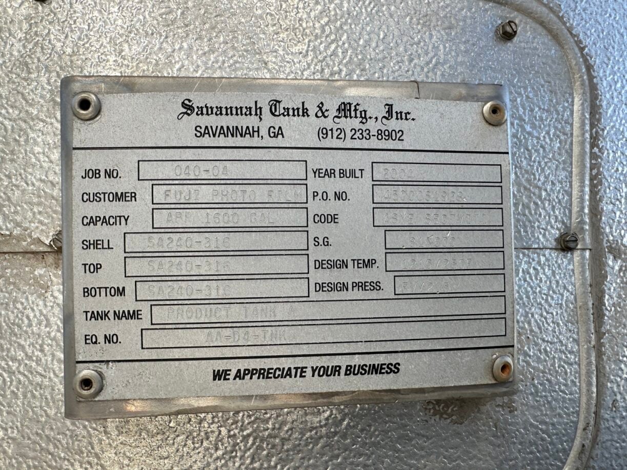 1600 gallon Savannah Tank, 316 Stainless Steel Vertical Tank, 6' diameter x 6' 3" straight side, 2 psi/FV @ - Image 2