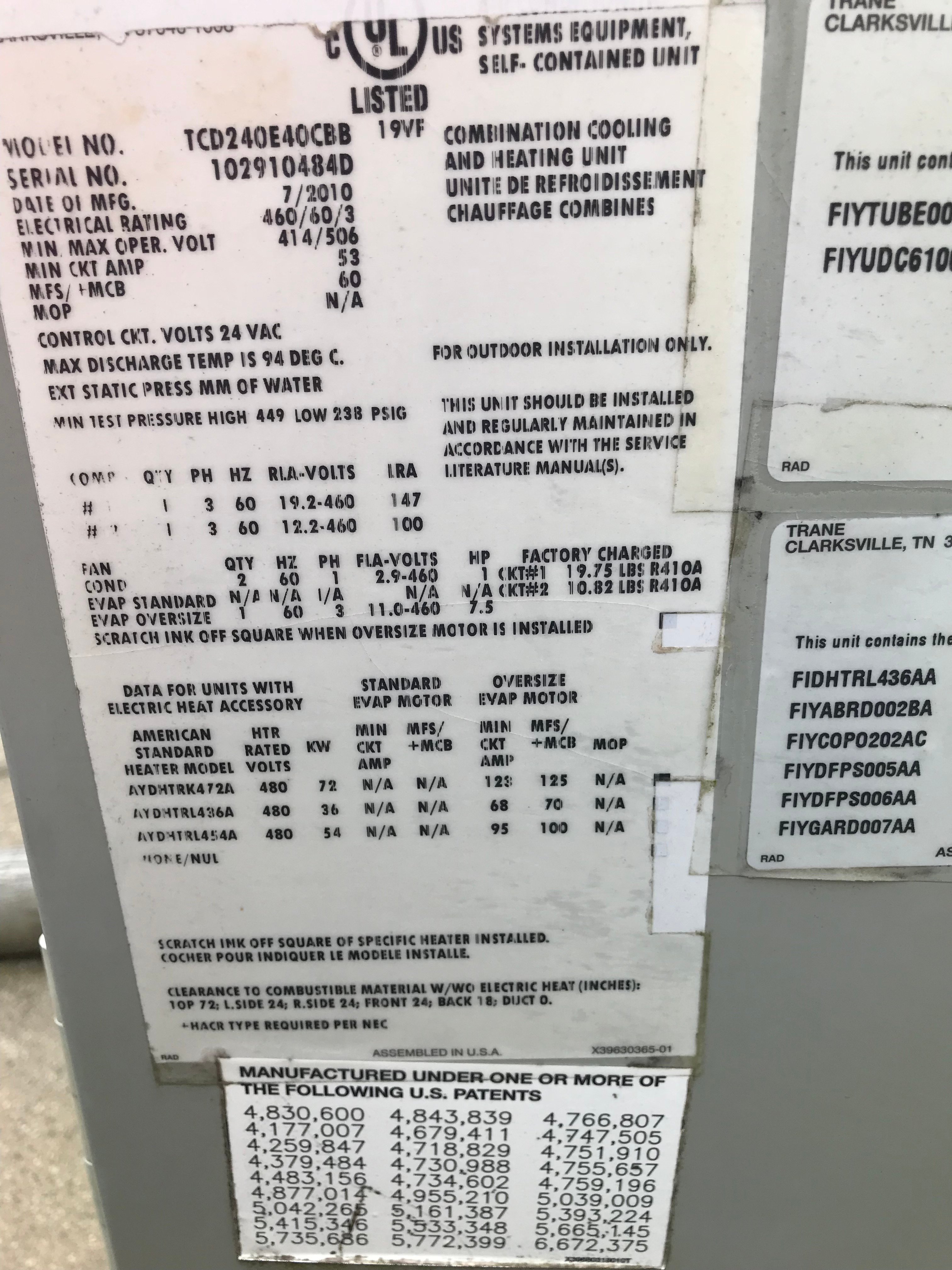 20 Ton, Trane #TCD240E40CBB, Packaged Rooftop Air Conditioner, 72 kW electric heat, microchannel condenser - Image 2