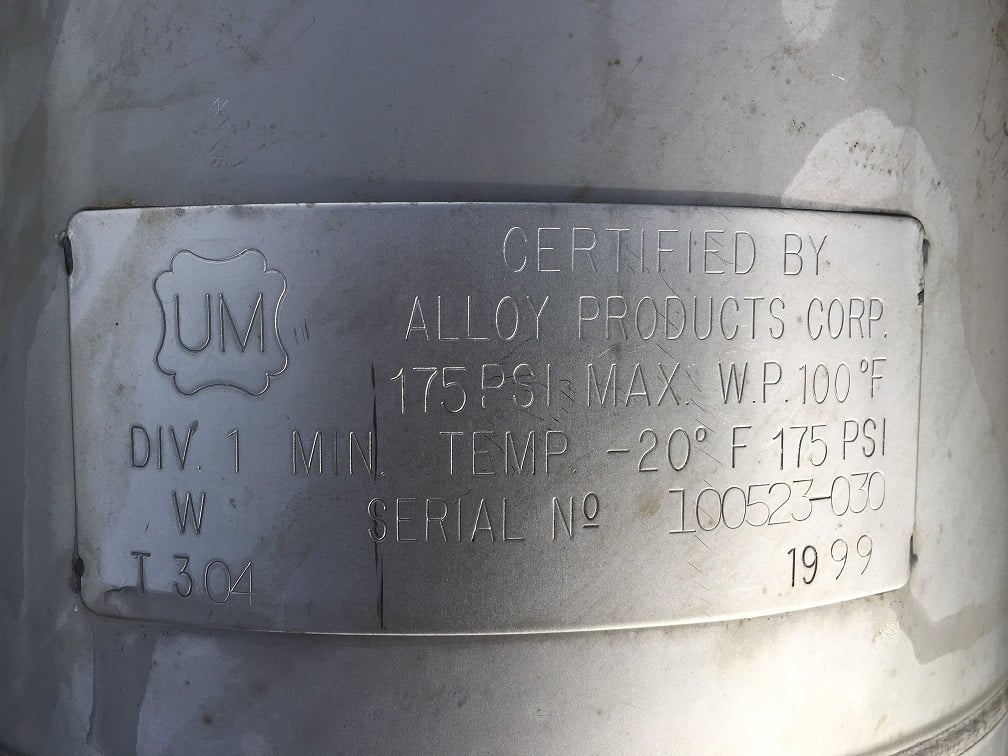 5 gallon Alloy Products, 304 Stainless Steel Pressure Tank, 9" diameter x 18" straight side, 175 psi @ - Image 3