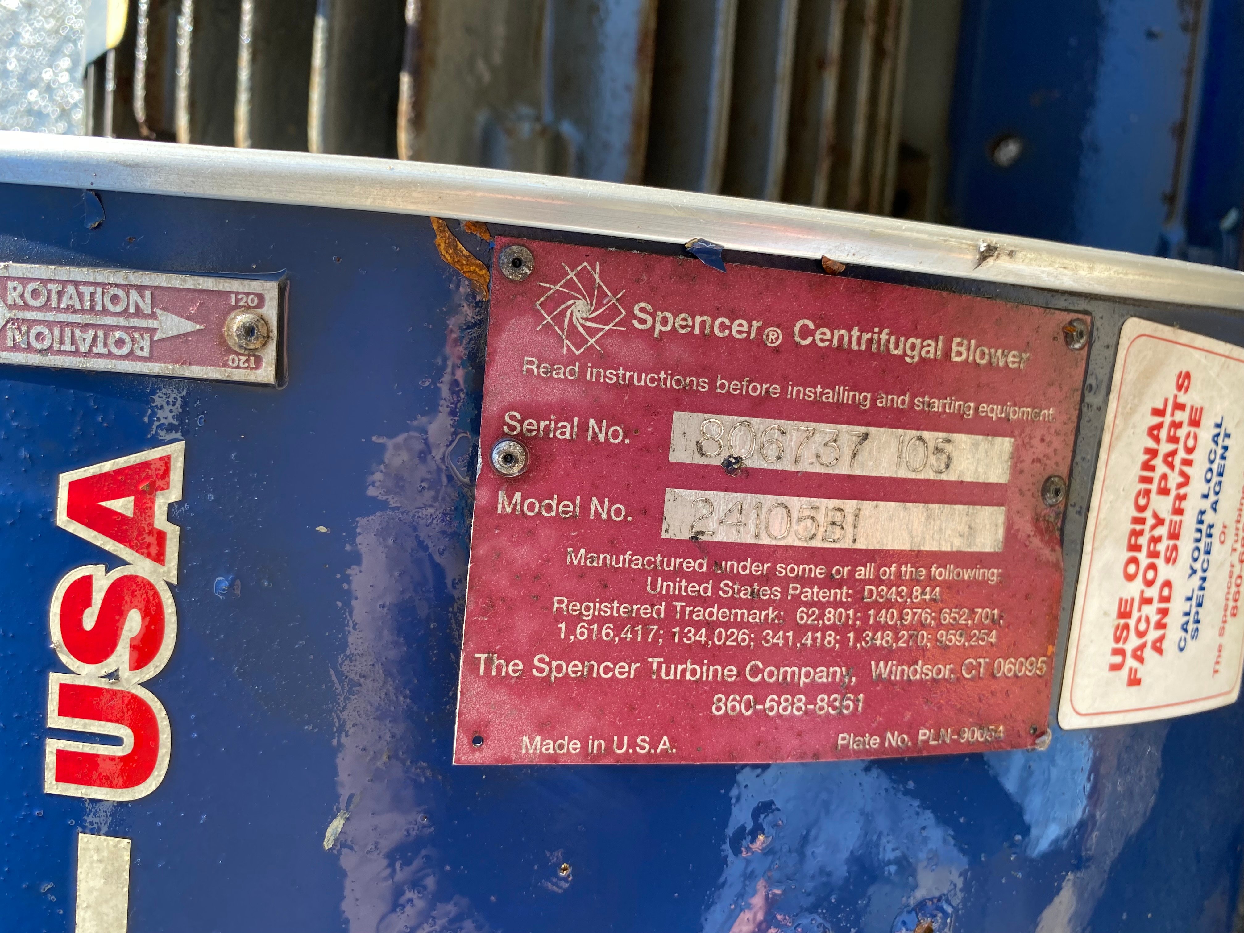 650 cfm, Spencer #24105B1, Blower, w/inlet filter, 20 HP Baldor, 3525 RPM, 208-230/460 V. (4 available) - Image 5