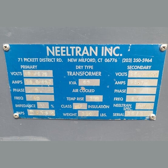 63 KVA 480/575 Primary, 380Y/220 Secondary, Neeltran, Dry Type Transformer, 150° C rise, Class H insulation - Image 3