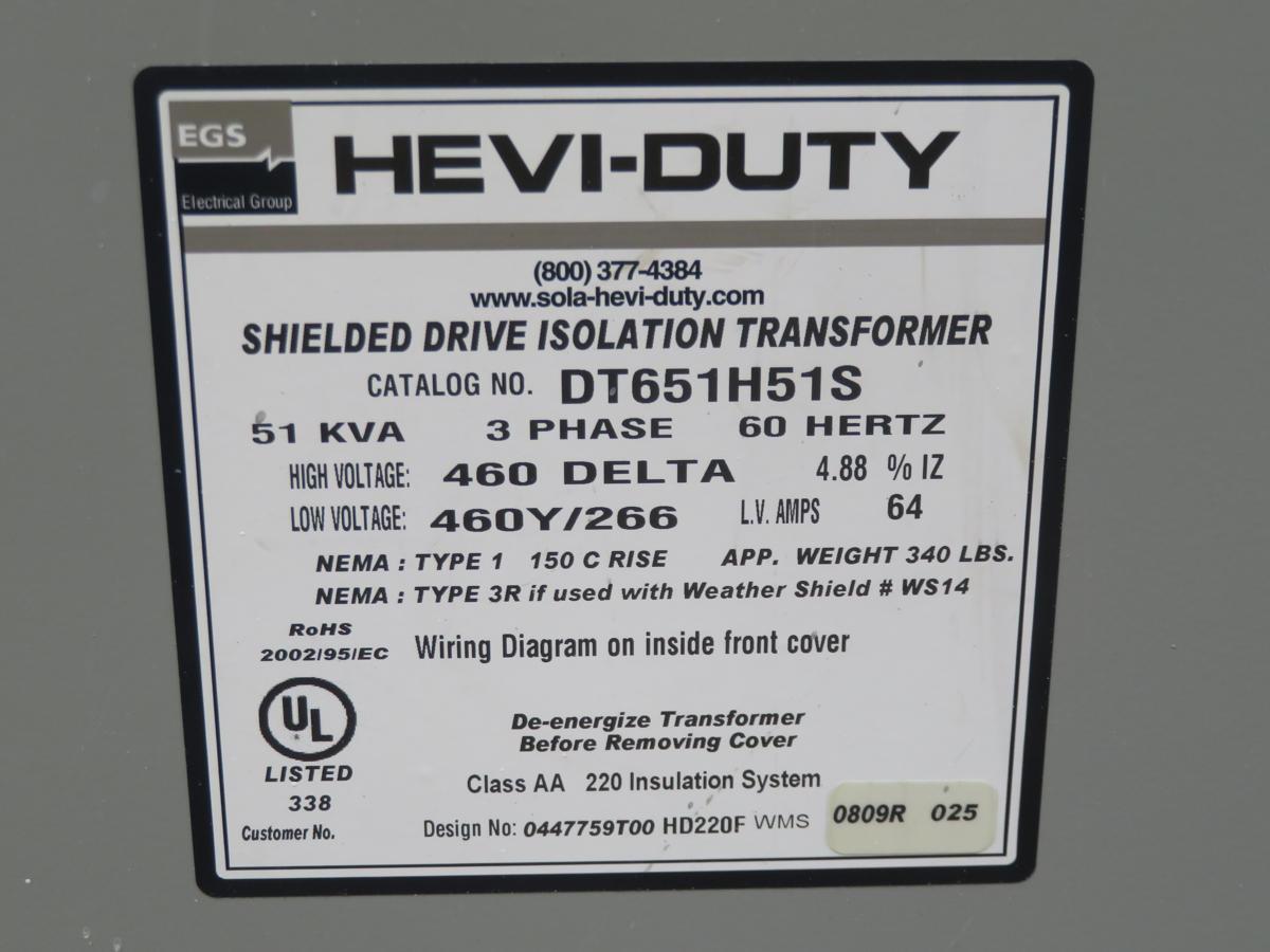 51 KVA EGS DT651H51S, shielded drive isolation transformer, 3 phase - Image 1
