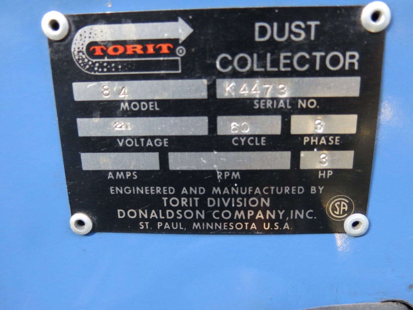 1231 cfm Torit #84, dust collector, 3 HP, (2) 4" & (1) 6" inlet ports, 220 V., 3 phase - Image 3