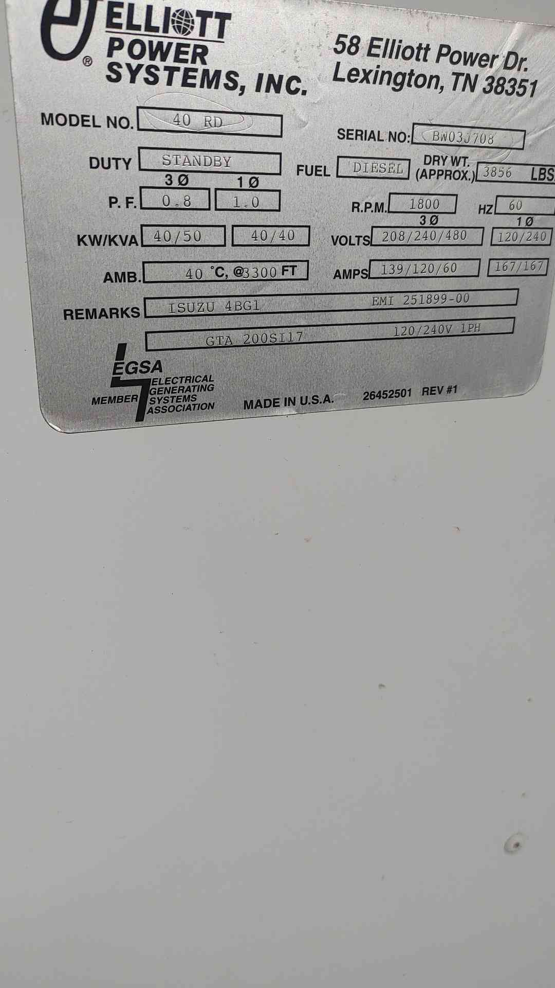 40 KW Elliott Power Systems #40RD, diesel generator set, standby, 120/240 Volts, 1 phase, Isuzu 4BG1 engine - Image 2