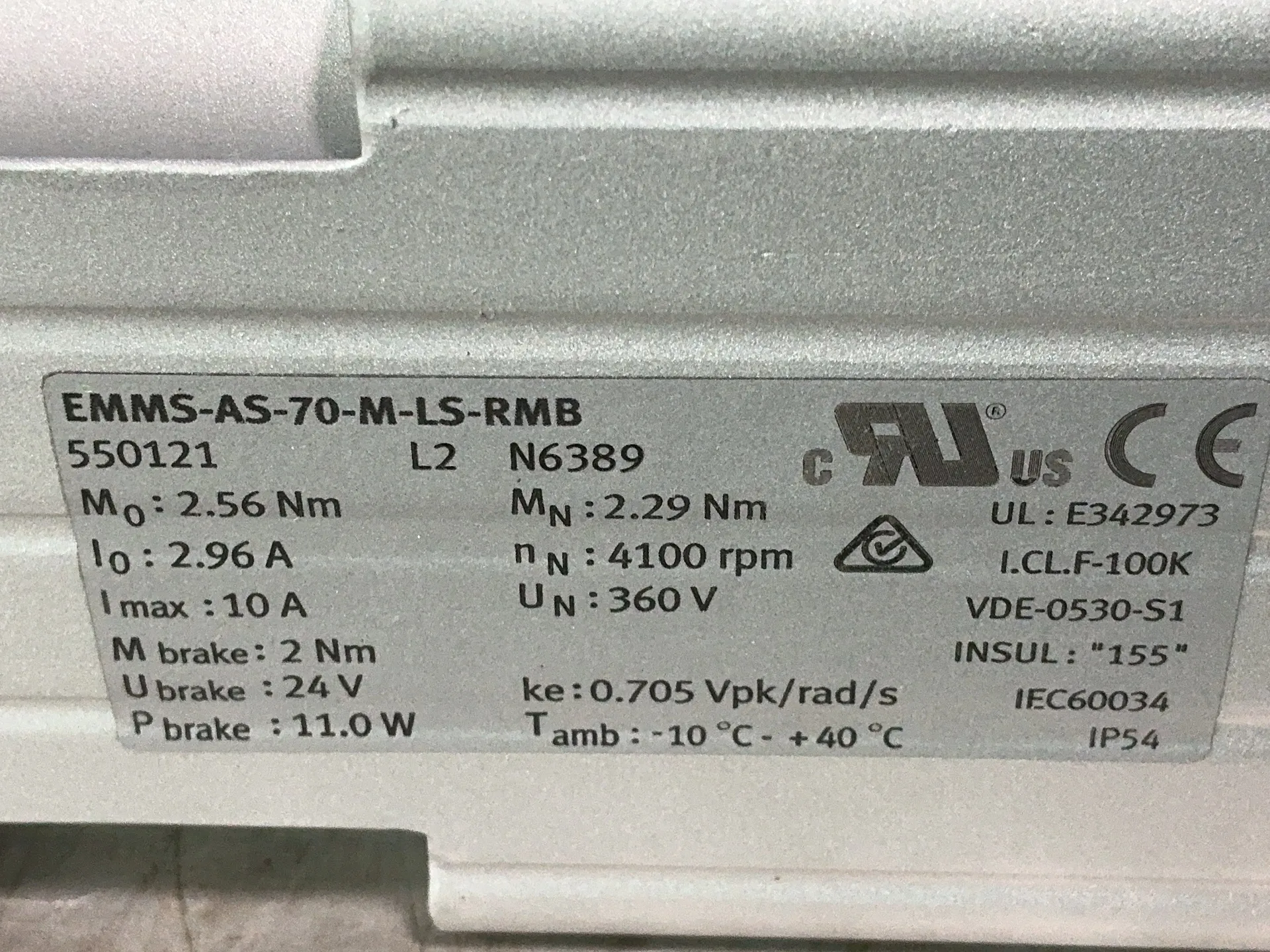 Festo #EMMS-AS-70-M-LS-RMB, AC synchronous brushless servo motor, 4100 RPM, 10 A, 360 Volts - Image 4