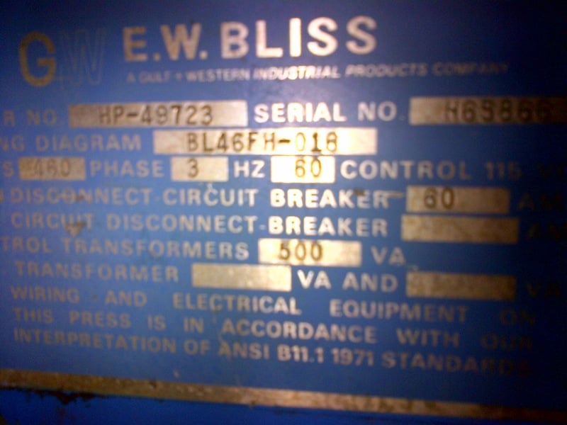 60 Ton, Bliss #C-60, OBI press, 3" stroke, 100 SPM, 5 HP, automatic lube, 1974 - Image 4