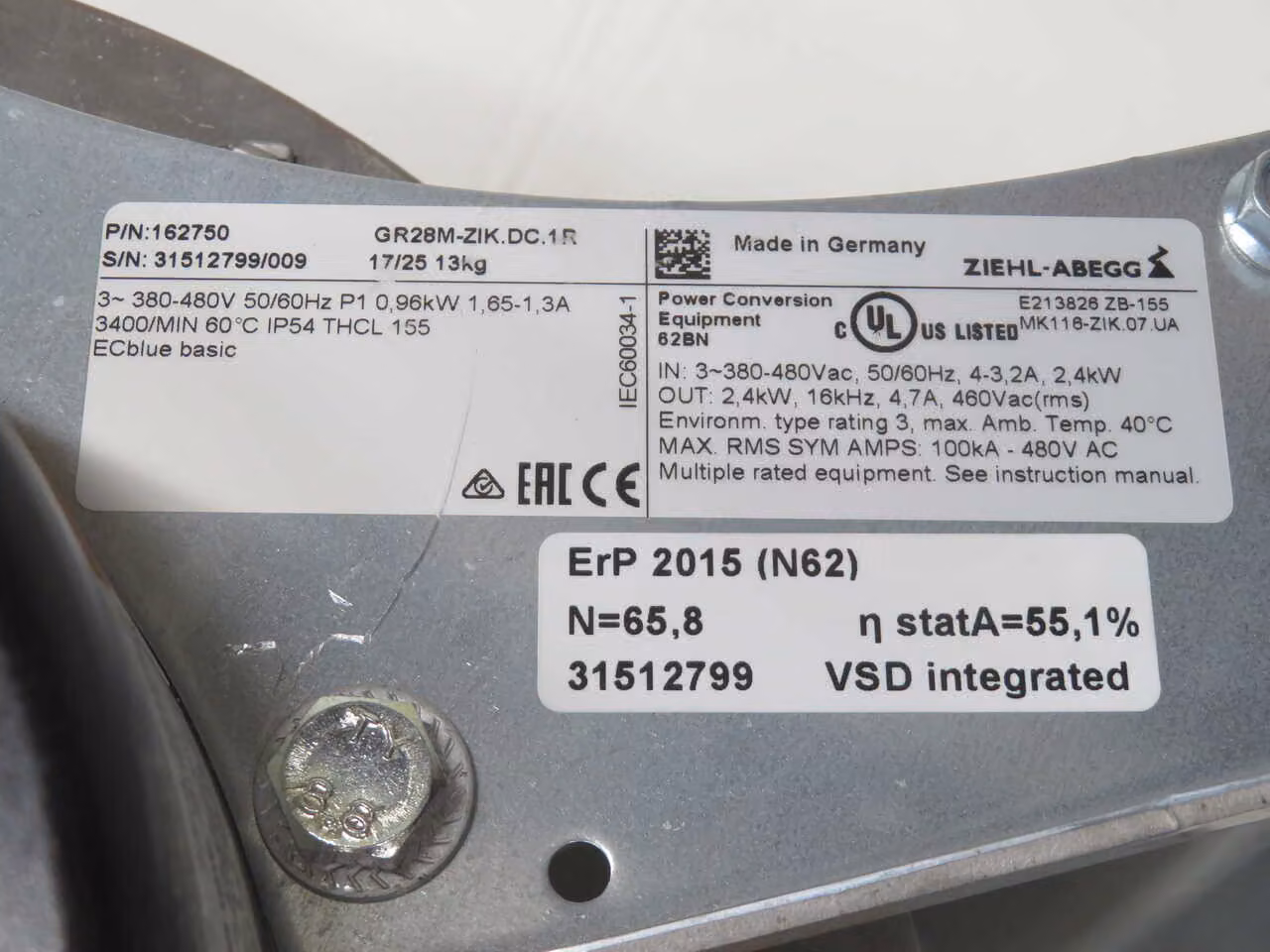 Ziehl-Abegg #162750, GR28M-ZIK.DC.1R EC Centrifugal Cooling Fan, 1 KW, 3400 RPM, 200-277 V. - Image 5
