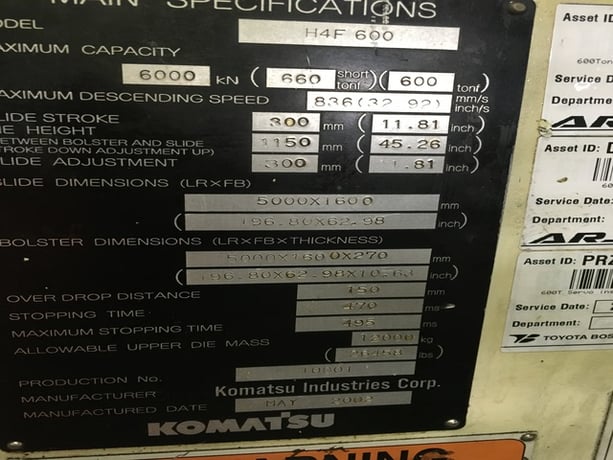 600 Ton, Komatsu #H4F600T, servo drive, transfer, 196" x 62.98" bed, 11.81" str., 14-37 IPM, 2002 - Image 7
