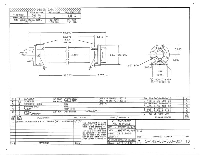 Nash MS-8719, tube & shell type heat exchanger, p/n 1-015-2-05-115-01; approx. 5" diameter, 70" LOA, - Image 5