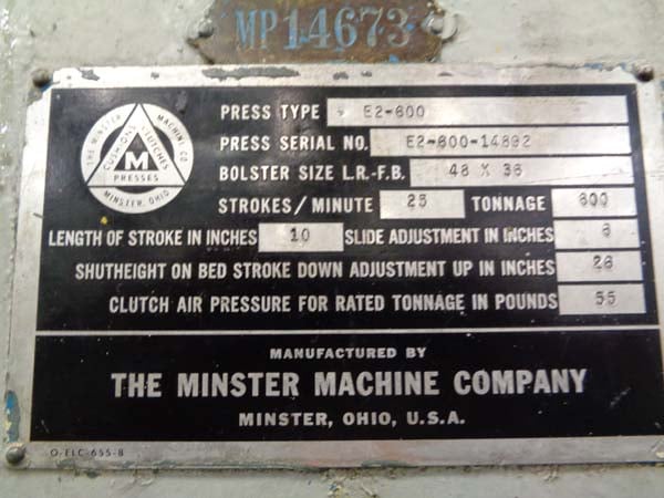 600 Ton, Minster #E2-600-48-36, straight side double crank, 10" stroke, 26" Shut Height,Link 501 Control, 25 - Image 8