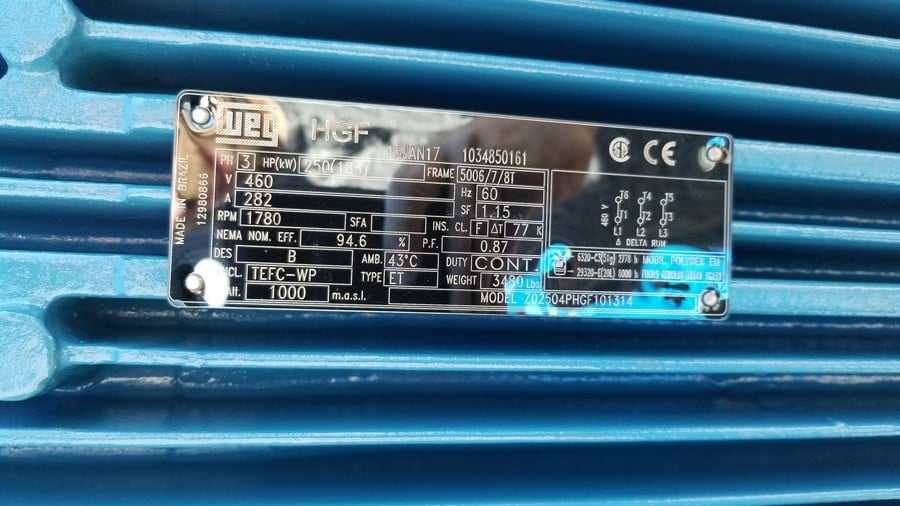 250 HP 1800 RPM Weg, Frame 5006/7/8T, TEFC BB, 460 Volts, New Surplus - Image 4