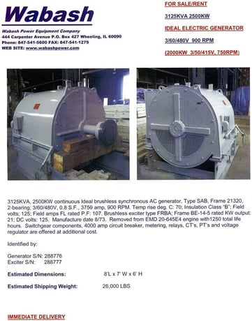 2500 KW, 900 RPM, Ideal #21320, type SAB, 2-bearing, continuous, 0.8 service factor, 3/60/277/480V. - Image 1