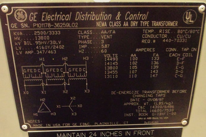 2500/3333 KVA 13800 Delta Primary, 4160Y/2402 Secondary, General Electric, Dry - Image 1