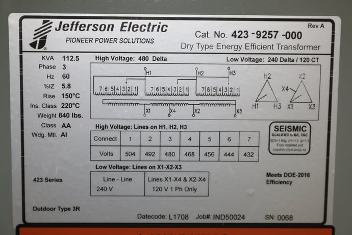 112.5 KVA 480 Delta Primary, 240 Delta Secondary, Jefferson, CT120, factory new, Nema 3R, in stock, free - Image 8