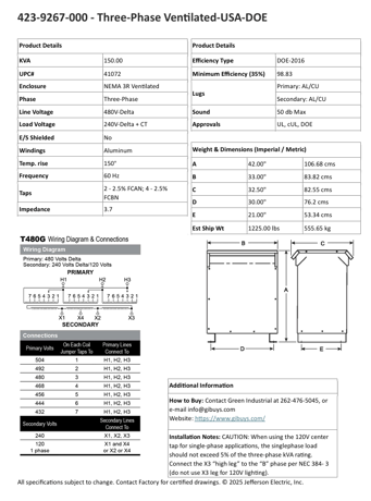 150 KVA 480 Delta Pri. 240 Delta Sec., CT120, factory new, Nema 3R, in stock, free shipping - Image 10