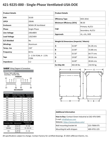 50 KVA 240/480 Primary, 120/240 Secondary, Jefferson, Nema 3R, factory new, in stock - Image 2