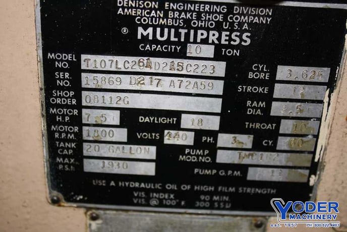 10 Ton, Denison #T1072C261D215C223, hyd.press, 12" stroke, 18" daylight, 22" x18" bed, #67091 - Image 4