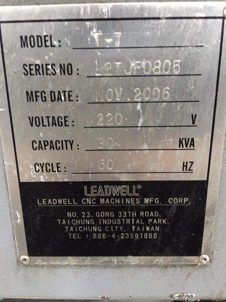 Leadwell #T7, 20.4" swing, 8" chuck, 2.5" bar, 2-Axis slant bed, Fanuc 0iT, tailstock, 2006, #15830J - Image 7