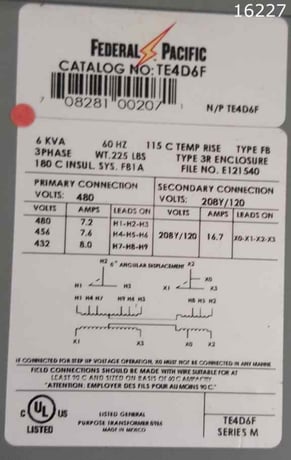 6 KVA 480 Primary, 208Y/120 Secondary, Federal Pacific #TE4D6F, power transformer - Image 2