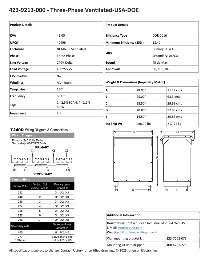 45 KVA 240 Delta Primary, 480Y/277 Secondary, Step Up, factory new, Nema 3R, in stock - Image 7