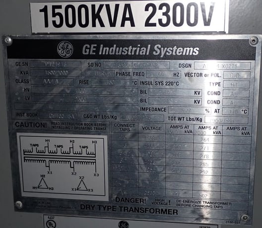 1500/2000 kVA, 4160 Delta Primary, 2300 Delta Secondary, General Electric Dry Type - Image 1