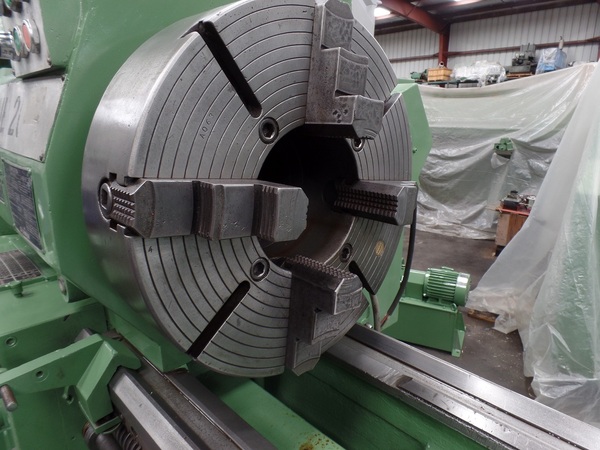 20" x 120" Lehmann #20-8, 7" spdl bore, taper, air kick outs, 555 RPM, front & rear chucks, 25 HP, steady - Image 1