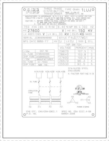750 KVA 27600 Delta Primary, 460Y/266 Secondary, ABB, pad, copper windings (10 available) - Image 2