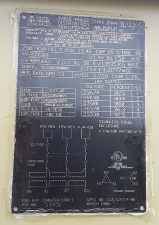 750 KVA 27600 Delta Primary, 460Y/266 Secondary, ABB, pad, copper windings (10 available) - Image 5