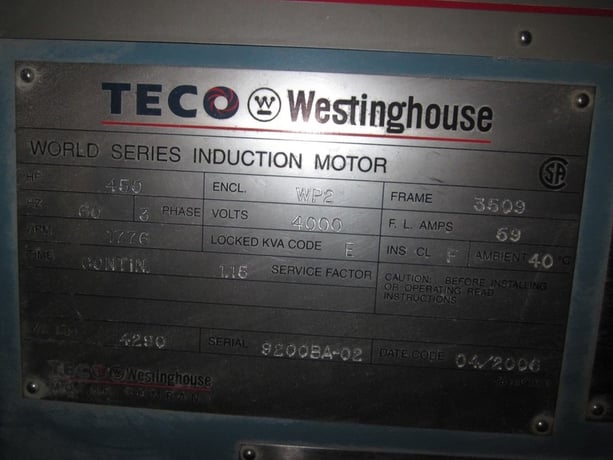 450 HP 1776 RPM Teco Westinghouse, Frame 3509, weather protected enclosure type 2, cont., 1.15 service - Image 5