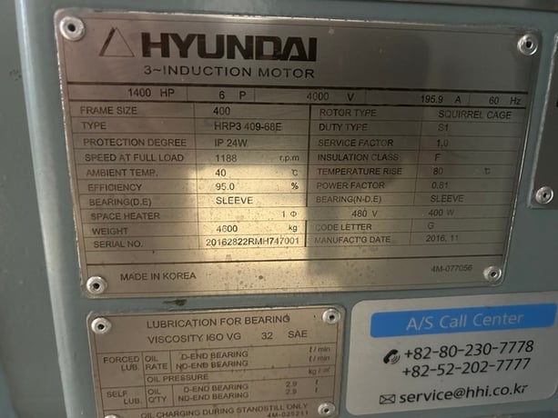 1400 HP 1200 RPM Hyundai, Frame 400, weather protected enclosure type 2, 4160 Volts, new - Image 6