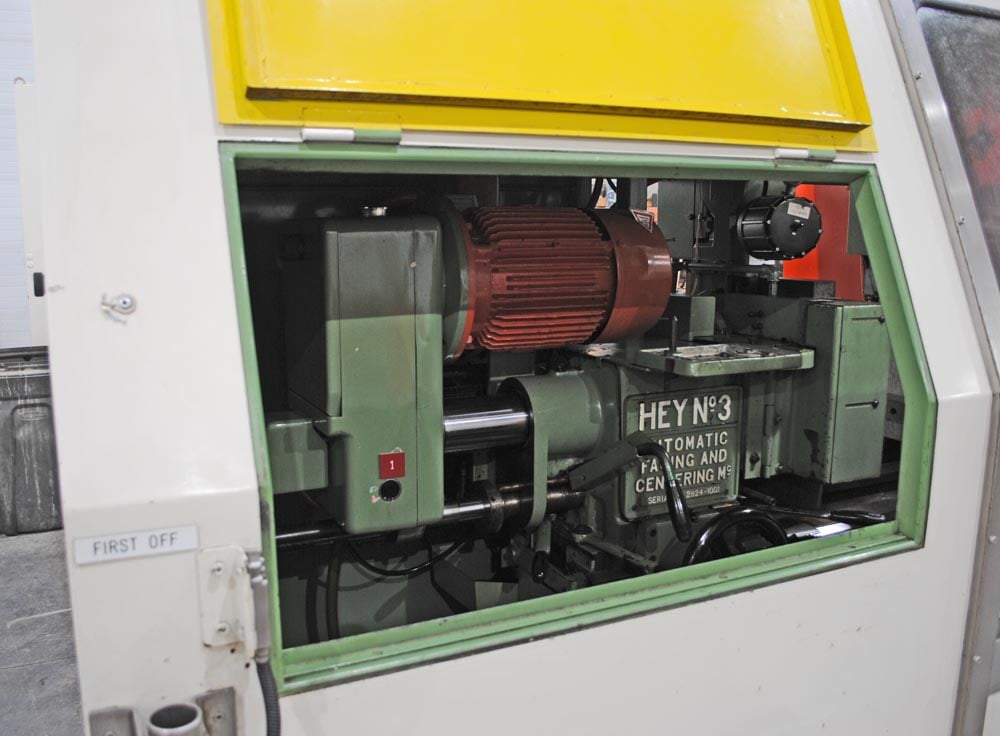 8" x 27" Hey #3, CNC facing & centering machine, 2-air vises, chip conveyor, AB Control, 1999 - Image 2