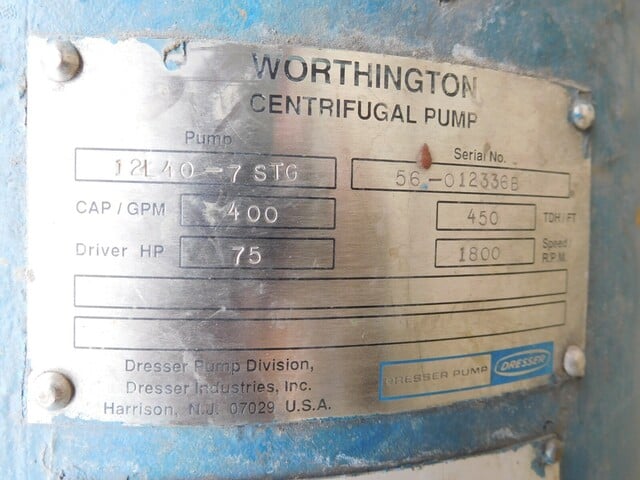 400 GPM @ 450' TDH, Worthington #12L40-7-STG, centrifugal vertical turbine pump, 75 HP motor (3 available) - Image 10