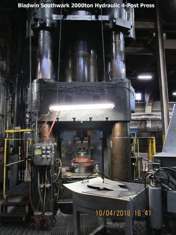 2000 Ton, Baldwin hydraulic forge 4-post press, 60" stroke, 120" daylight, 52" x50" bed - Image 1
