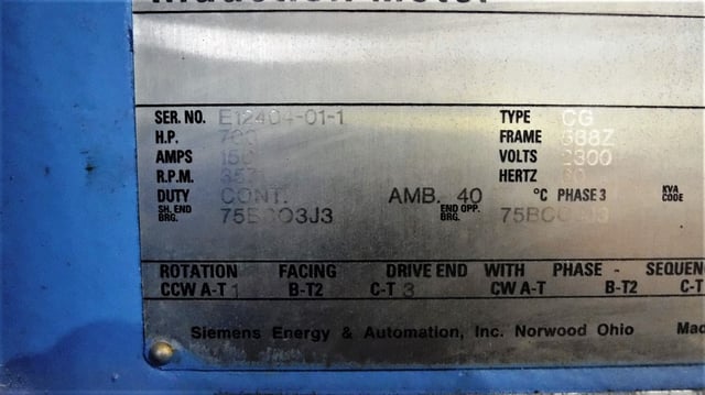 700 HP 3600 RPM Siemens, Frame 588Z, Drip-Proof Ball Bearing, 2300 Volts - Image 2