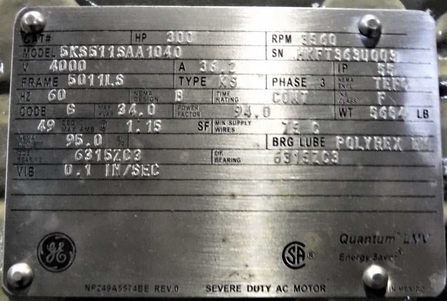 300 HP 3600 RPM General Electric, Frame 5011LS, TEFC, BB, new surp, 4000 Volts CCW-ODE - Image 1