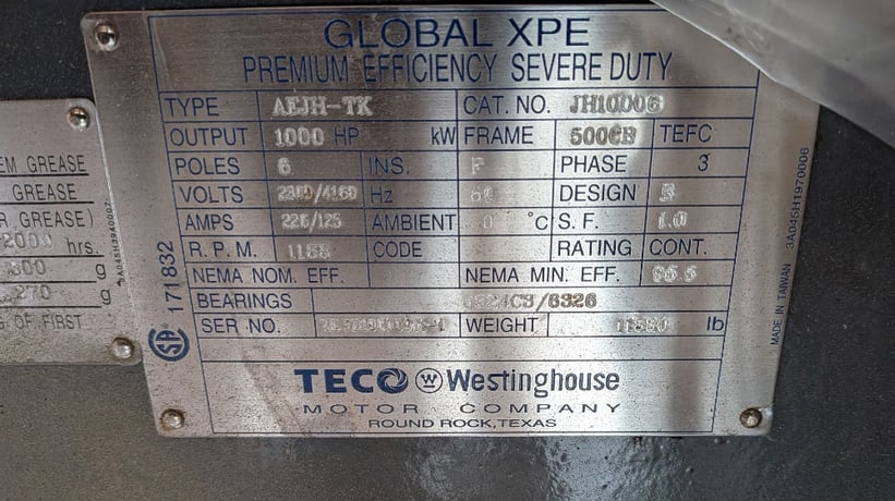 1000 HP 1200 RPM Teco, Frame 500CB, TEFC, BB, 1.15, JH10006, new, 2300/4160 Volts, (2 available) - Image 1