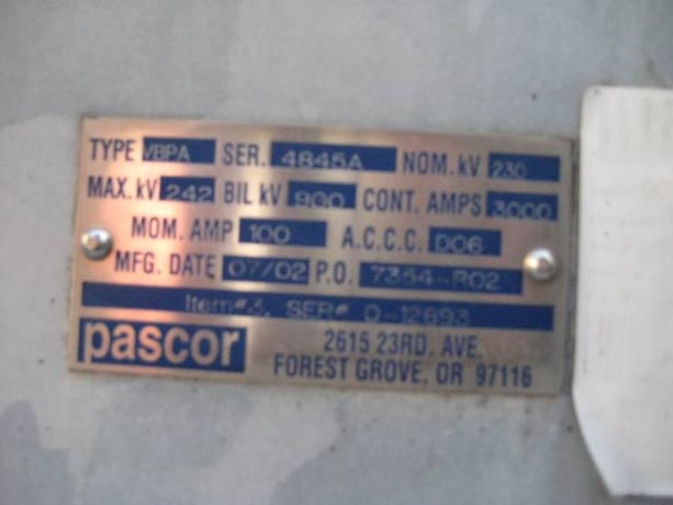 3000 Amp. PASCOR, VBPA, 242 KV, GANG OPERATED DISCONNECT, HORIZ. MOUNT, UNUSED - Image 2