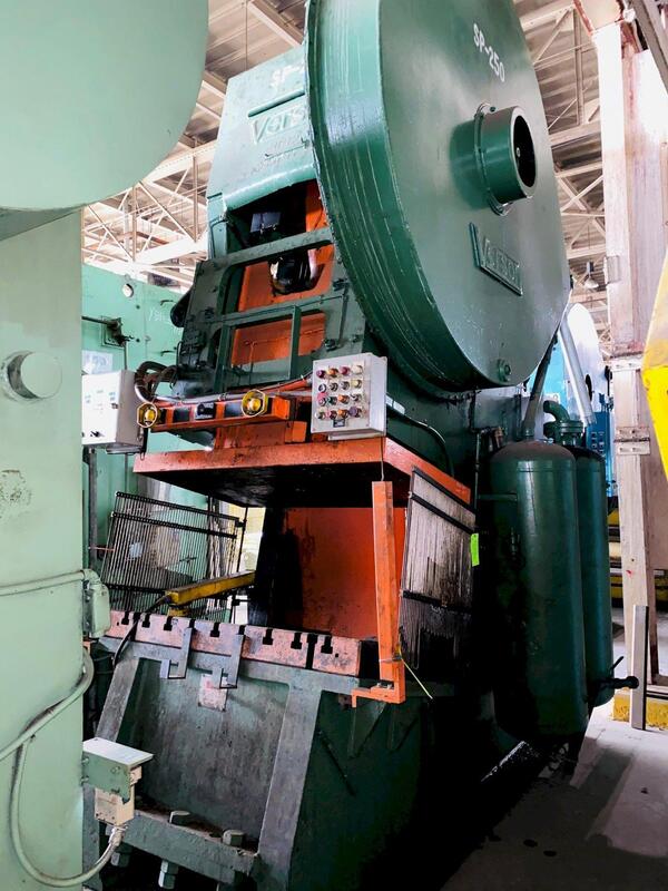 250 Ton, Verson #12F-OBI, inclined gap press, 12" stroke, 26" Shut Height, 5" adjustment, 62" x 36" bolster - Image 1