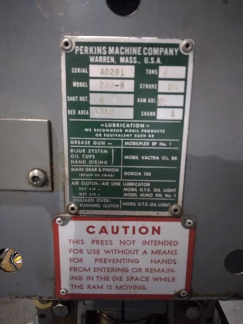 9 Ton, Perkins #200-B, OBI press, 1-1/4" stroke, 1-1/2" adjustment, 6" Shut Height, approx 200 SPM - Image 2