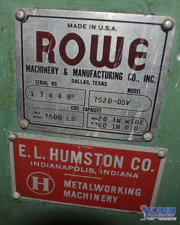 7500 lb. Rowe #7520-DSV, uncoiler, 20" mandrel, 15-3/4"- 20-1/4" ID, 60" outside dimensions, 5 HP, manual - Image 4