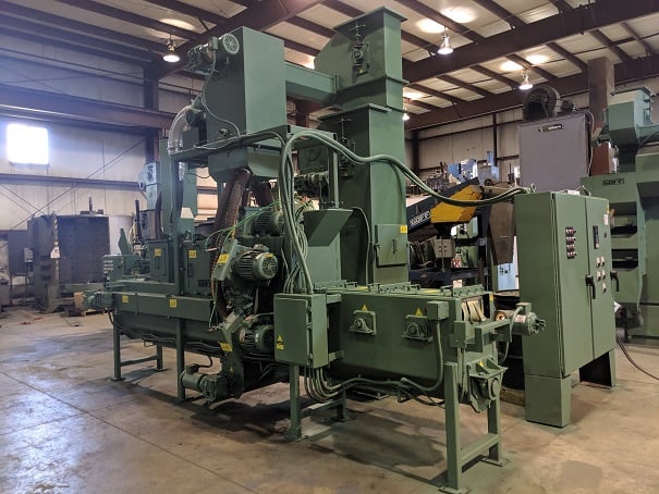 Goff #SB-5, 12" width x 6" height structural roll conveyor, 4 blast wheels, blow off, cast lining, low hours - Image 1