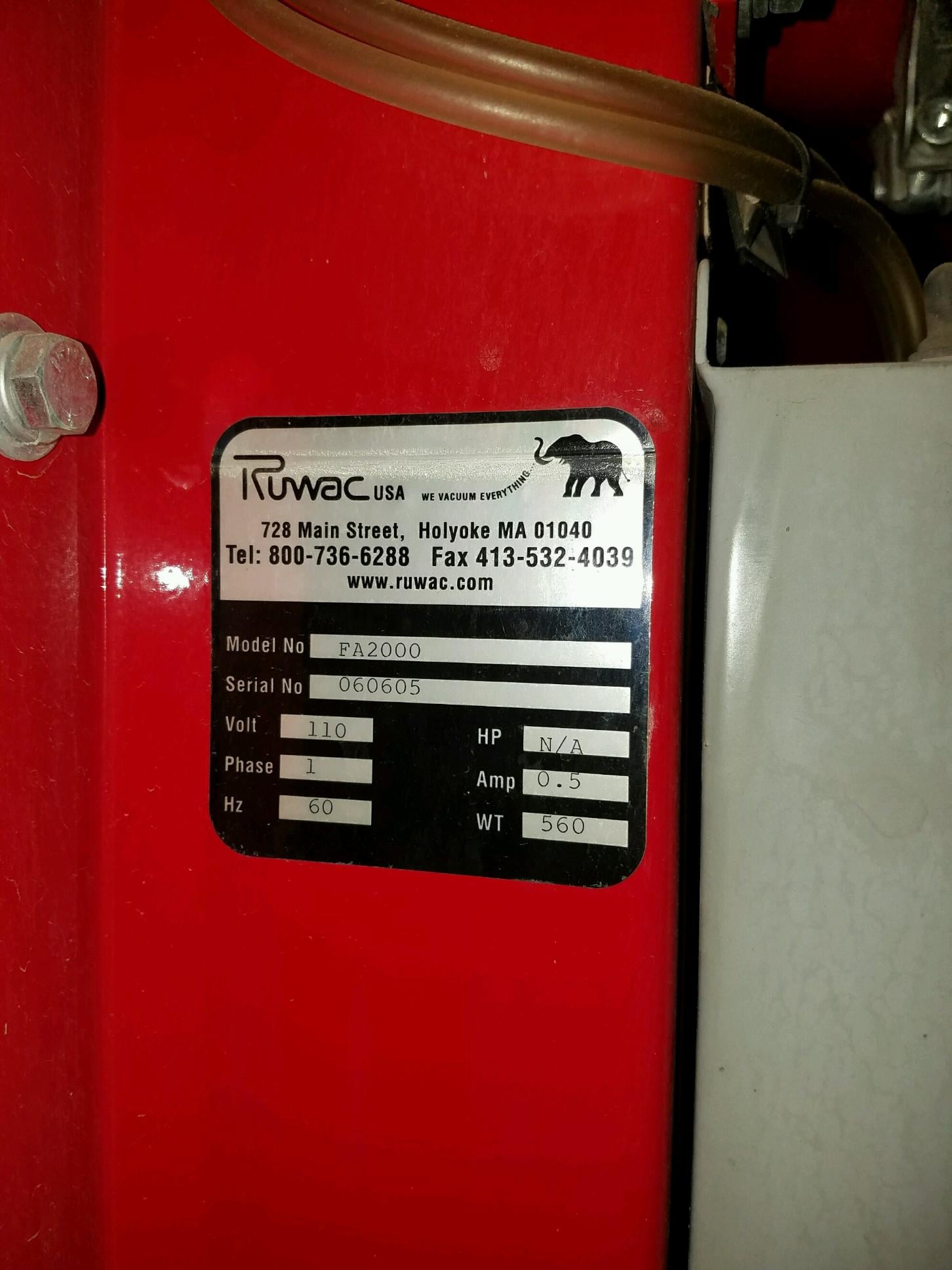 Ruwac #FA2000, dust collector filtration system, reverse pulse, 60 HP, 50 HP, S/N 060605 - Image 1