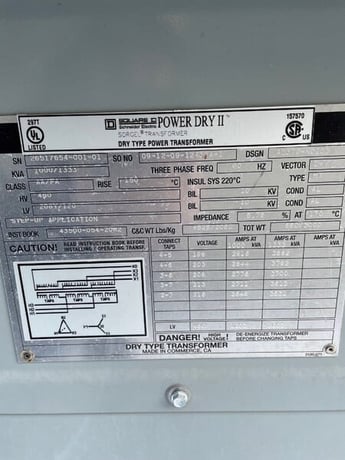 1000 KVA 480 Delta Primary, 208Y/120 Secondary, Dry yype, Nema 3R, reconditioned (2 available) - Image 2