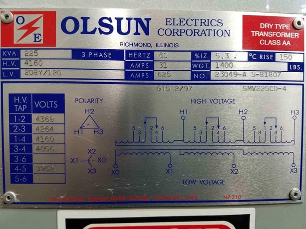 225 KVA 4160 Delta Primary, 208Y/120 Secondary, Olsun Electrics, dry, tested, Nema 2 - Image 2