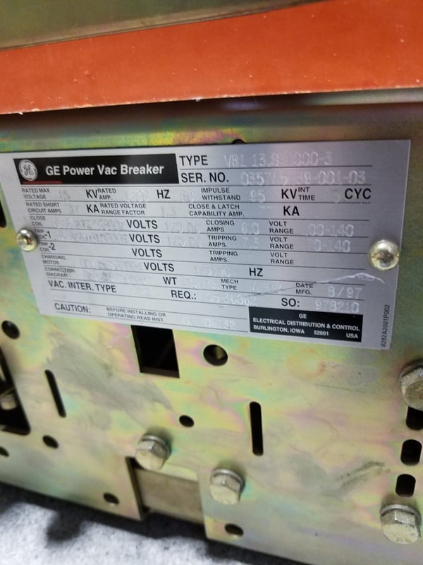 1200 Amps, General Electric, VB1-13.8-1000-3, 125 VDC - Image 3