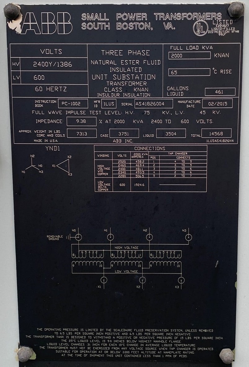 2000 KVA 2400Y/1386 Primary, 600 Delta Secondary, ABB - Image 1